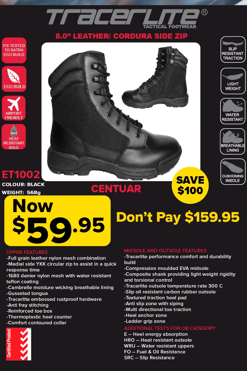 Tracerlite Men??s 8 Inch Leather Cordura Boots Side Zip